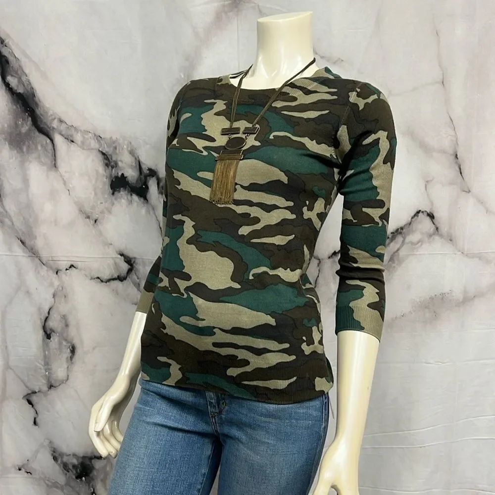 * J.Crew army green camel 34 sleeve top Marino wool